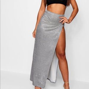 Boohoo Thigh Split Metallic Skirt